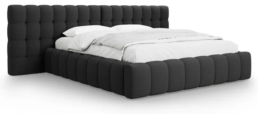 Fekete kárpitozott ágyneműtartós franciaágy ágyráccsal 180x200 cm Mamaia – Micadoni Home