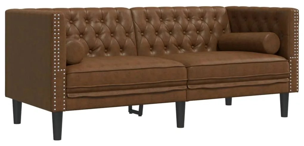 2 részes barna művelúr Chesterfield kanapészett hengerpárnákkal