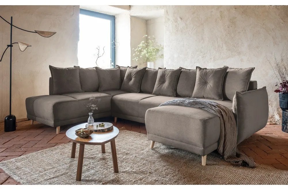 Világosbarna kordbársony kinyitható sarokkanapé (bal oldali-U alakú) Lazy Lukka – Miuform