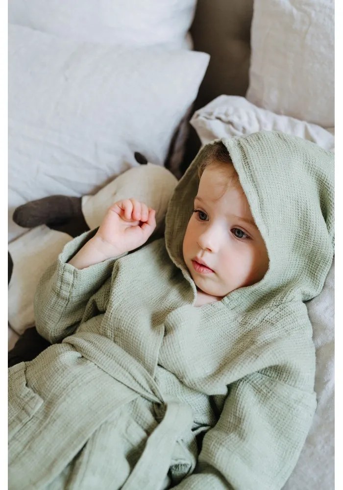 Nature zöld len gyerek fürdőköpeny, méret: 122 - 128 - Linen Tales