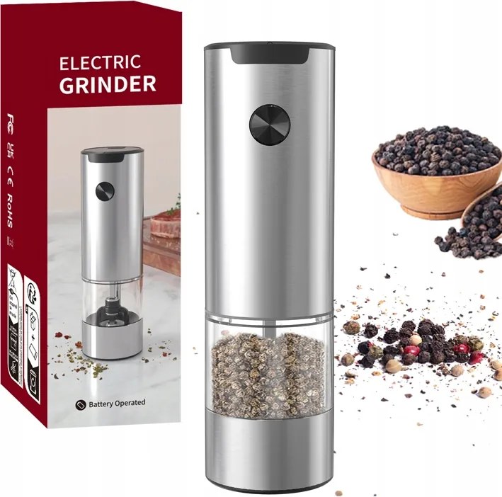 Elektromos só-, bors- és fűszermalom, ezüst színű