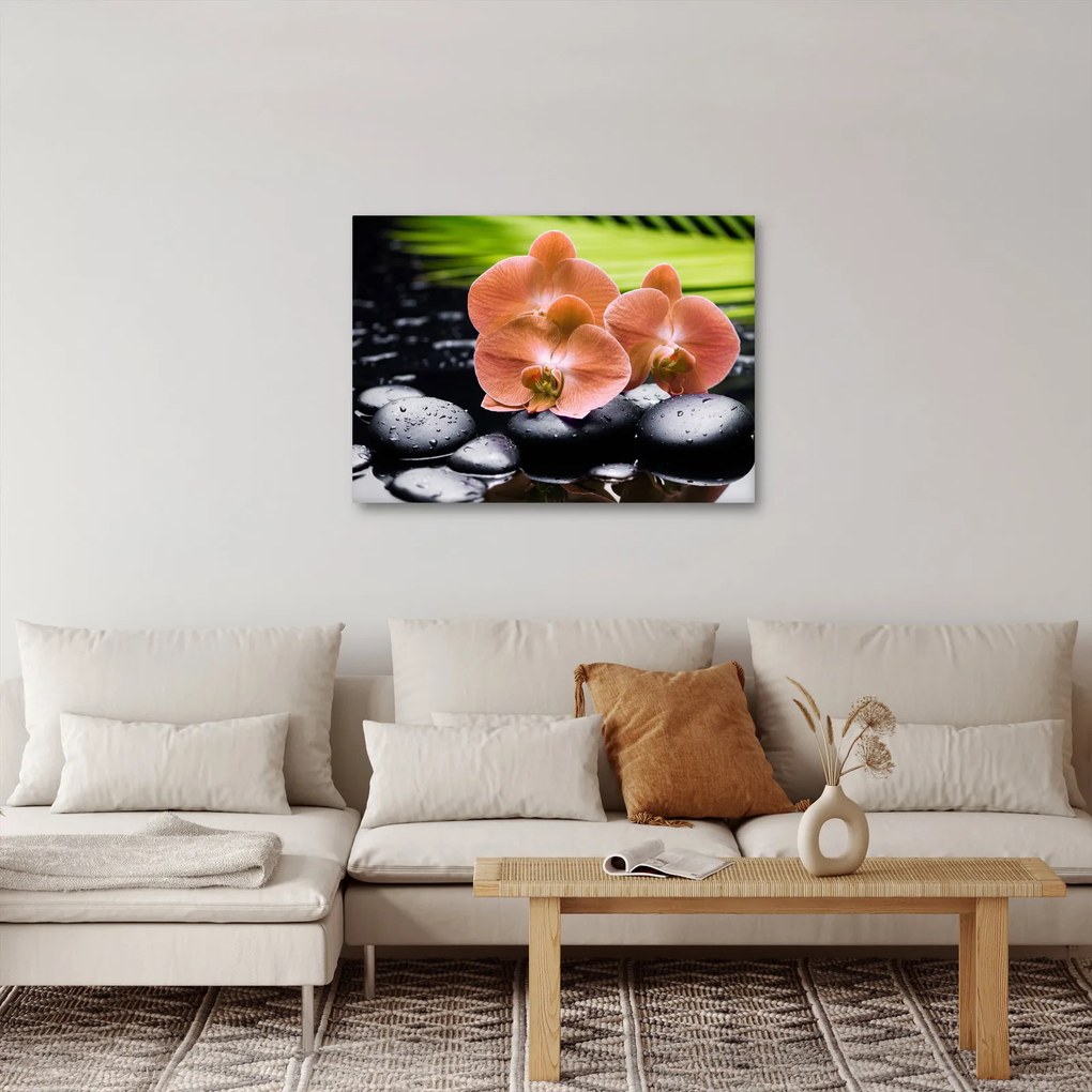 Kép - Narancssárga orchidea pálmalevelekkel (70x50 cm)