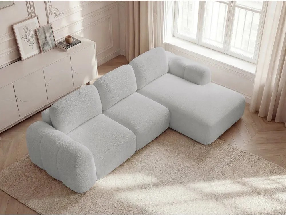 Világosszürke buklé kinyitható-tárolóhelyes sarokkanapé (jobb oldali-heverő résszel) Montaigne – Bobochic Paris