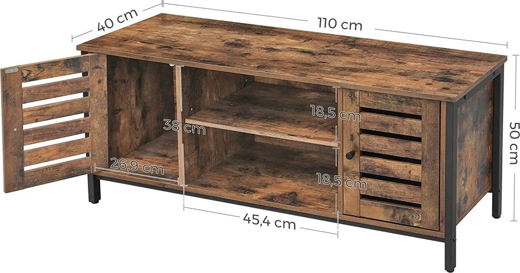 TV-szekrény lamellás ajtókkal, állítható polccal és tárolórekeszekkel, 110 x 40 x 50 cm, rusztikus barna/fekete
