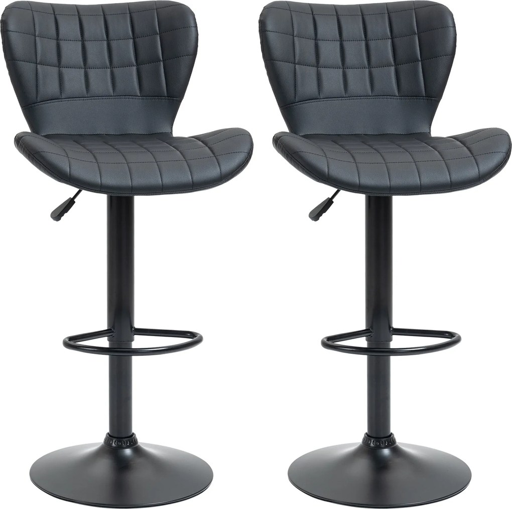 HOMCOM 2 db Bárszék Készlet, Kárpitozott Bárszék Fém Váz, Hátpárnával, Magasságban Állítható Konyhai Székek Lábpihentetővel, 360° Forgószék, Fekete |