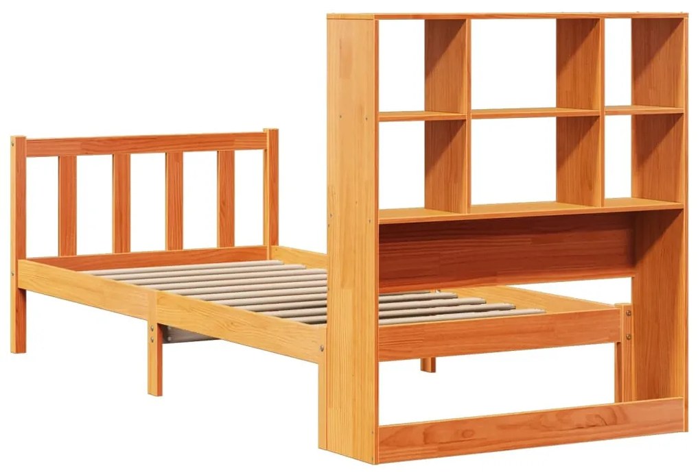 barna tömör fenyőfa könyvespolcos ágy matrac nélkül 90 x 190 cm