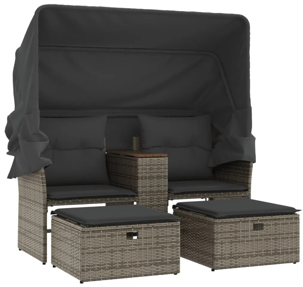 2 személyes szürke polyrattan kerti kanapé baldachinnal/székkel
