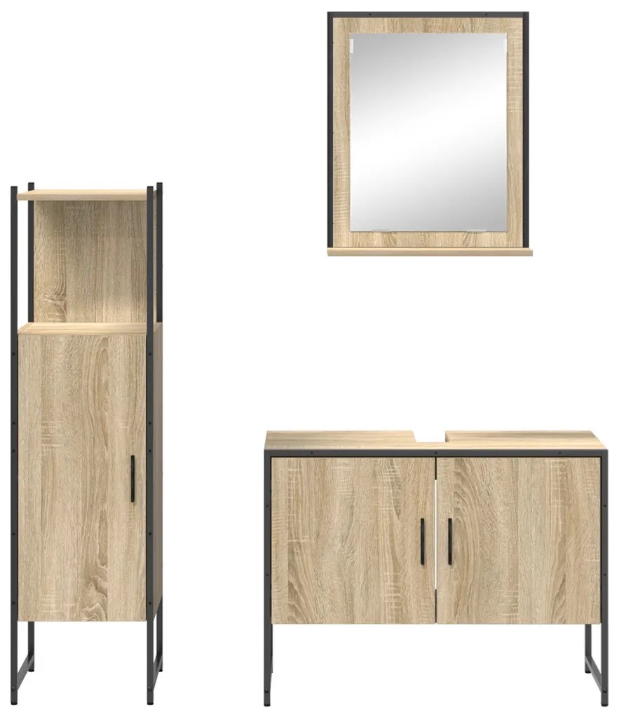 3 részes fürdőszoba bútor készlet Sonoma tölgy mérnökfából, Fürdőszoba tükör polccal Sonoma tölgy 50x12x60 cm mérnökfából
