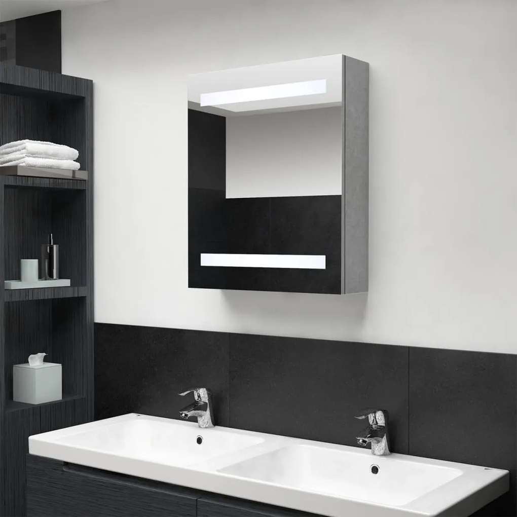 betonszürke LED-es tükrös fürdőszobaszekrény 50 x 14 x 60 cm