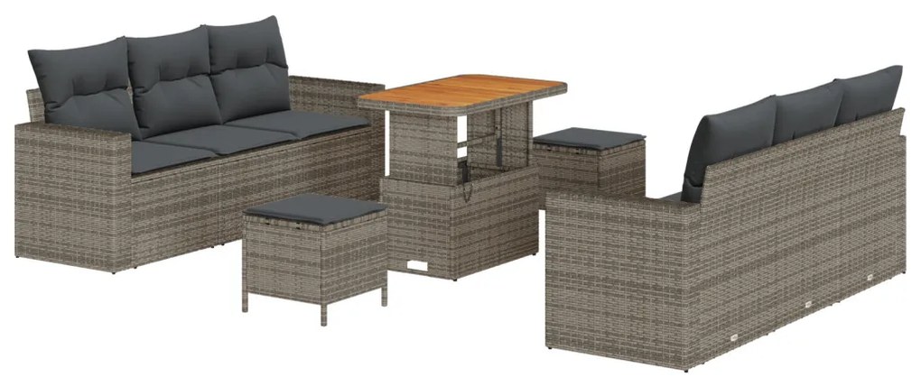9 Pcs Kertibútor Szett Párnákkal Szürke Poli Rattan Akác, 3 Pcs Kert Étkező Szett Párnákkal Szürke Poli Rattan Akác