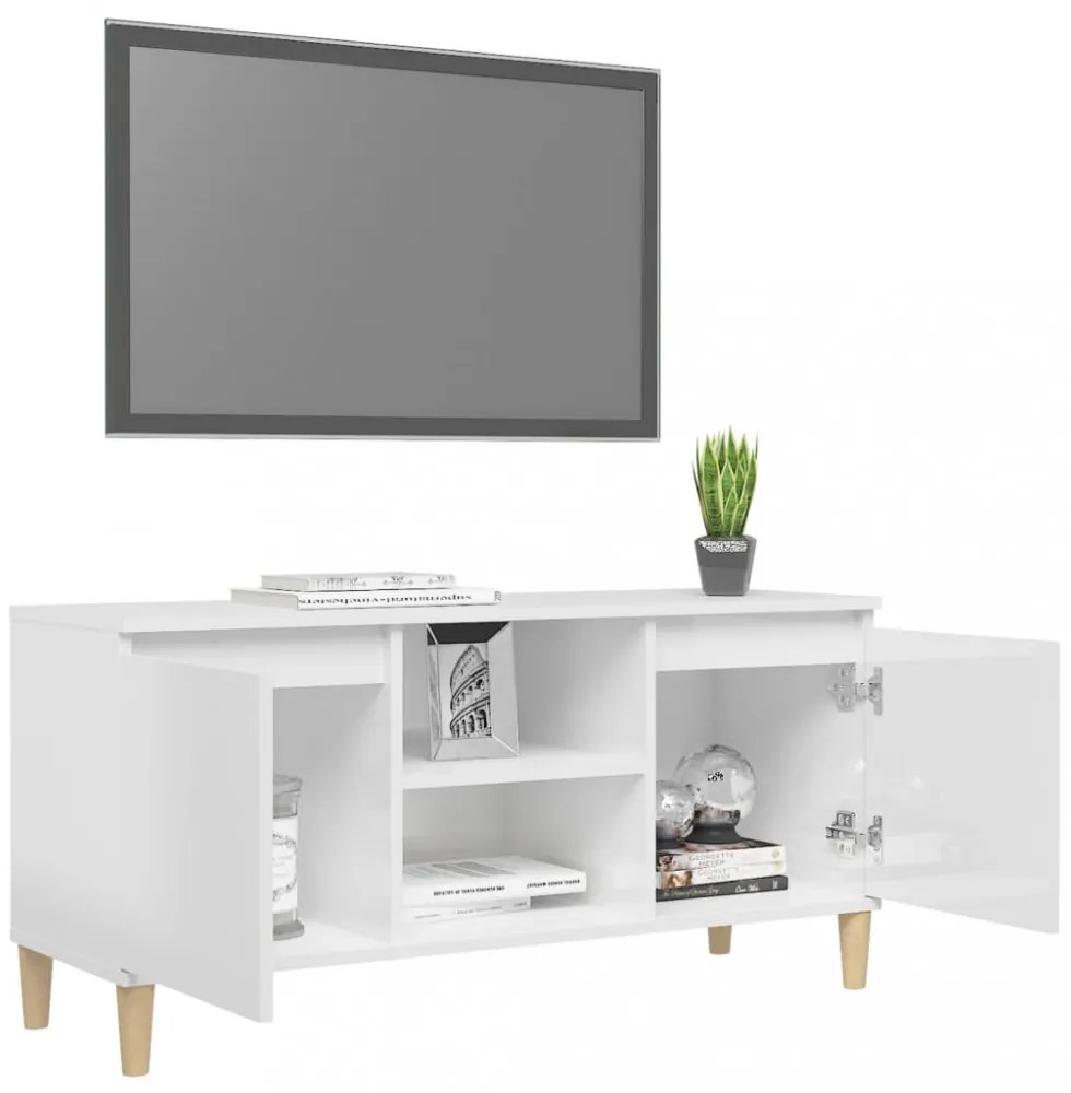 magasfényű fehér TV-szekrény tömör falábakkal 103,5x35x50 cm