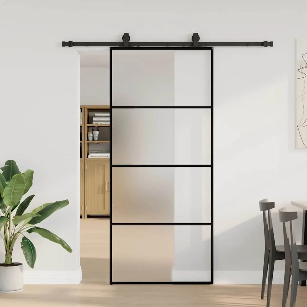 Fekete ESG üveg tolóajtó fémszerelvény-szettel 90x205 cm
