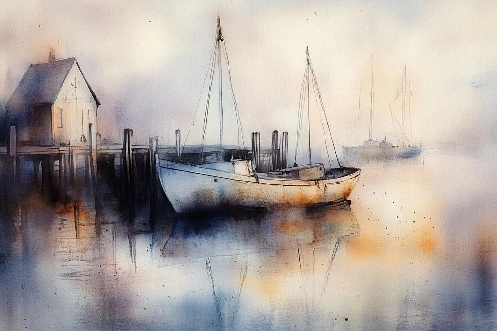 Vászonkép Canvas Tájkép Víz Móló Kikötő Hajó Köd 60x40