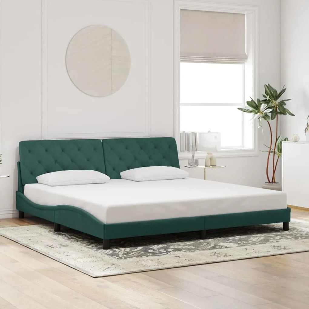 sötétzöld bársony ágykeret LED-világítással 200 x 200 cm