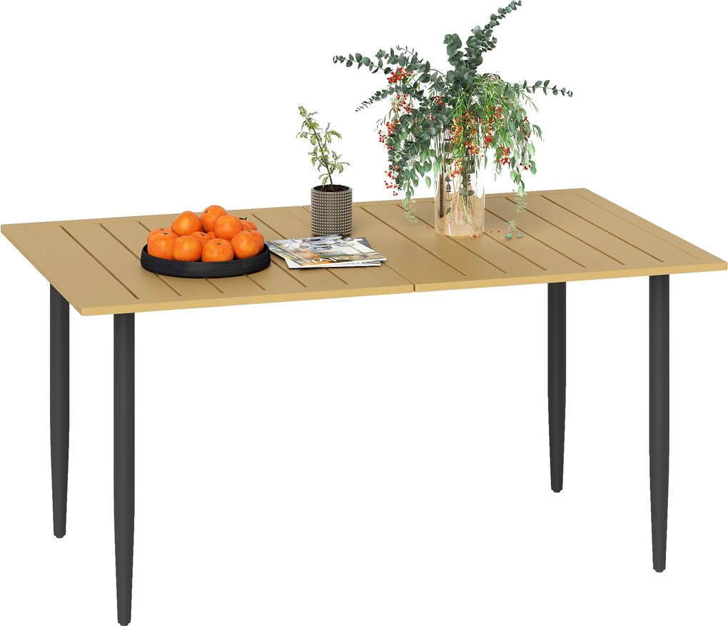 Outsunny 150 x 90 cm kerti étkezőasztal napernyőnyílással, időjárásálló porszórt acél lamellás asztal, barna | Aosom