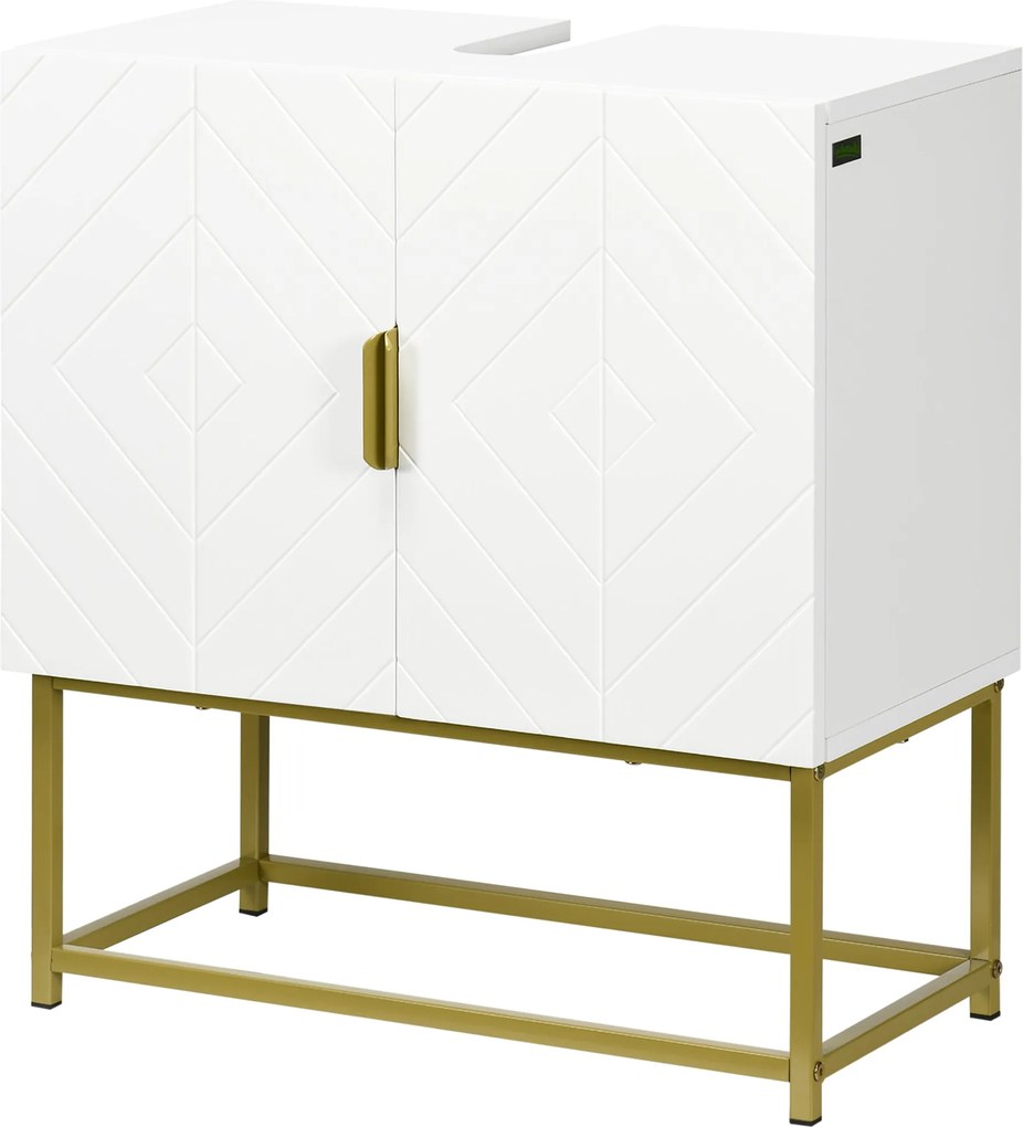 Kleankin Mosdó Alatti Szekrény Fürdőszoba Szekrény 2 Ajtóval és Arany Acél Lábakkal 60x30x65 cm Fehér | Aosom