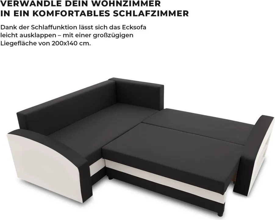 Grande sarokkanapé polcokkal , polc a jobb karfaban, baloldali, szövet anyag, bonell töltet, fekete - fehér