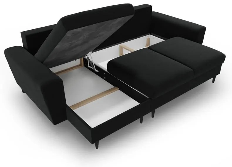 Fekete bársony kinyitható tárolóhelyes sarokkanapé Kyoto – Cosmopolitan Design