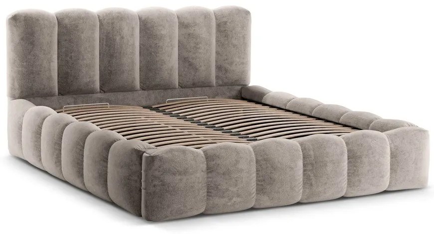 Világosbarna kárpitozott ágyneműtartós franciaágy ágyráccsal 180x200 cm Lupine – Micadoni Home