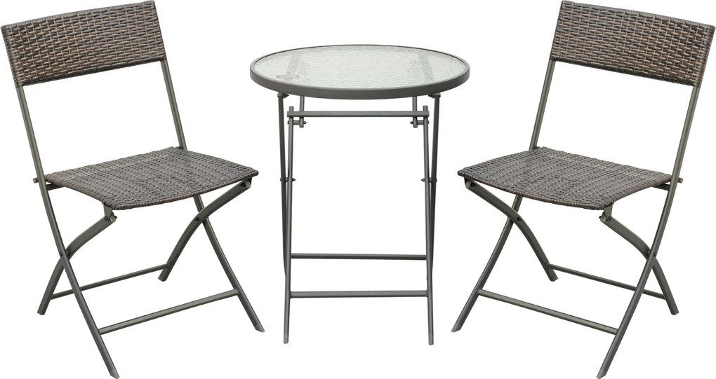 Outsunny Kerti Bútor Szett Asztal és 2 Rattan Szék, Összecsukható Üléssel és Üveg Asztallal Teraszra, Pavilonra Barna | Aosom