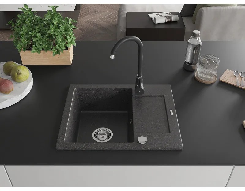 Mexen Enzo, gránit mosogató 576x465x174 mm, 1 kamrás, fekete Telma csaptelep, fekete foltos, 6506-76-670200-70