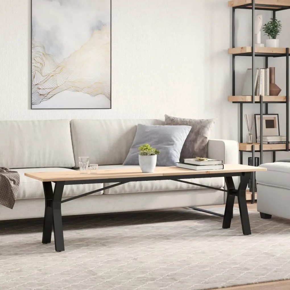 tömör fenyőfa és öntöttvas dohányzóasztal Y-vázzal 160x40x45 cm