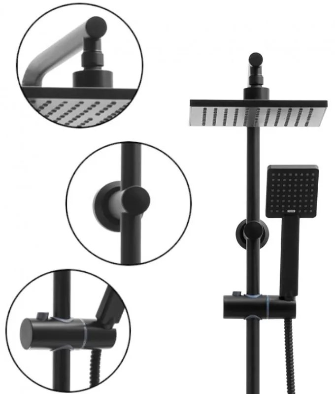 Erga Tiki, zuhanygarnitúra karos csapteleppel és esőfejjel 20x20 cm, matt fekete, ERG-YKA-BP.TIKI-BLK