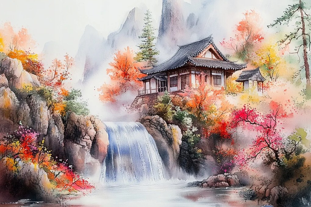 Vászonkép Canvas Tájkép Kelet Ázsia Japán Hegyek Vízesés Ház 60x40