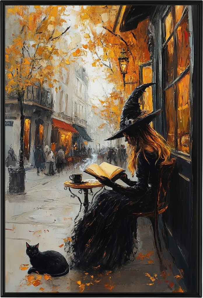 Poszter Keret Alumínium Boszorkány Kávézó Macska Ősz Kávé 40x60