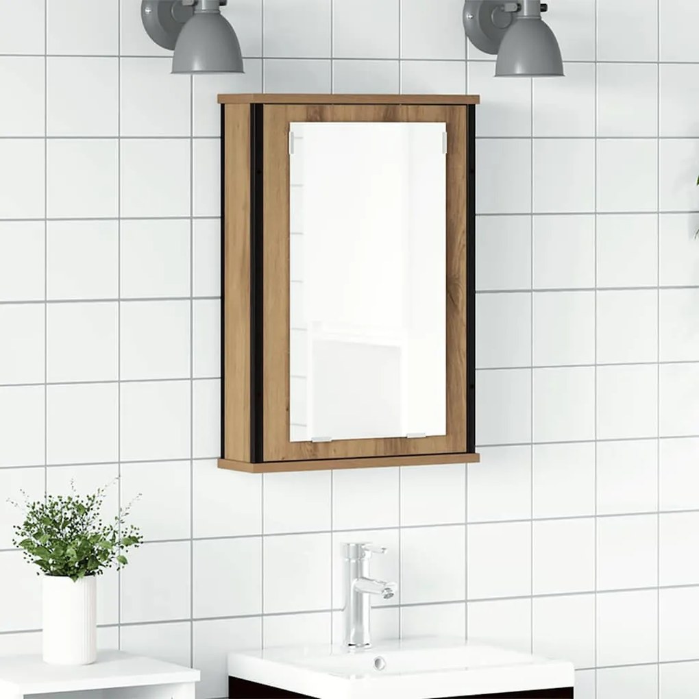 kézműves tölgy szerelt fa tükrös fürdőszobaszekrény 42x12x60 cm