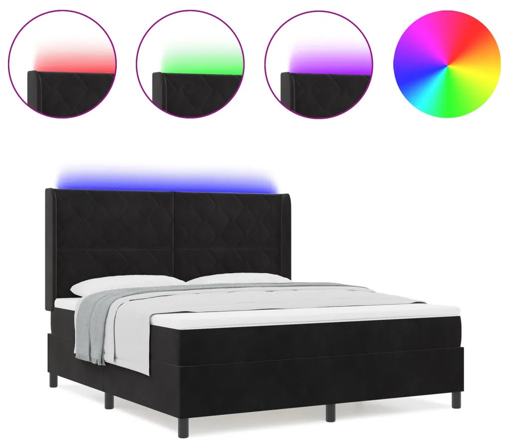 Boxspring Ágy Matraccal és LED Fénnyel Fekete 180x200 cm Bársony
