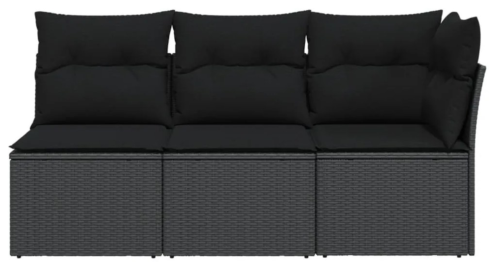 Fekete 3 személyes polyrattan kerti kanapé párnákkal