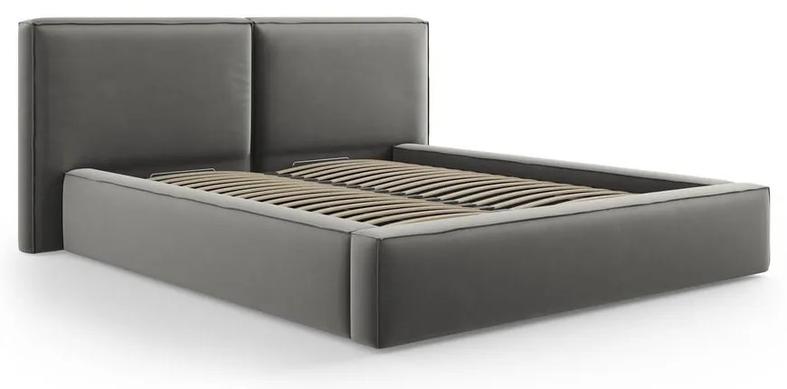 Szürke bársony kárpitozott ágyneműtartós franciaágy ágyráccsal 200x200 cm Arendal – Cosmopolitan Design