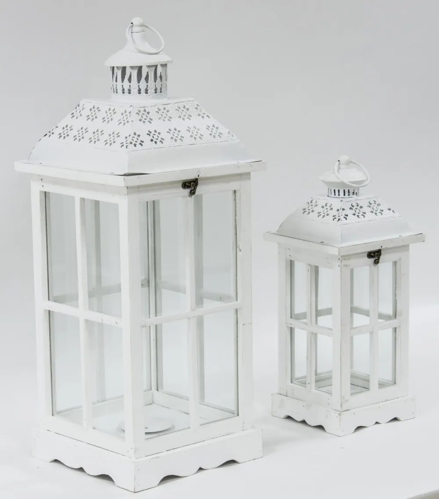 Vintage fehérre koptatott fa mécsestartó üvegezett lámpás lantern 2db-os szett fém tetővel 62x25x25 / 40x17x17cm