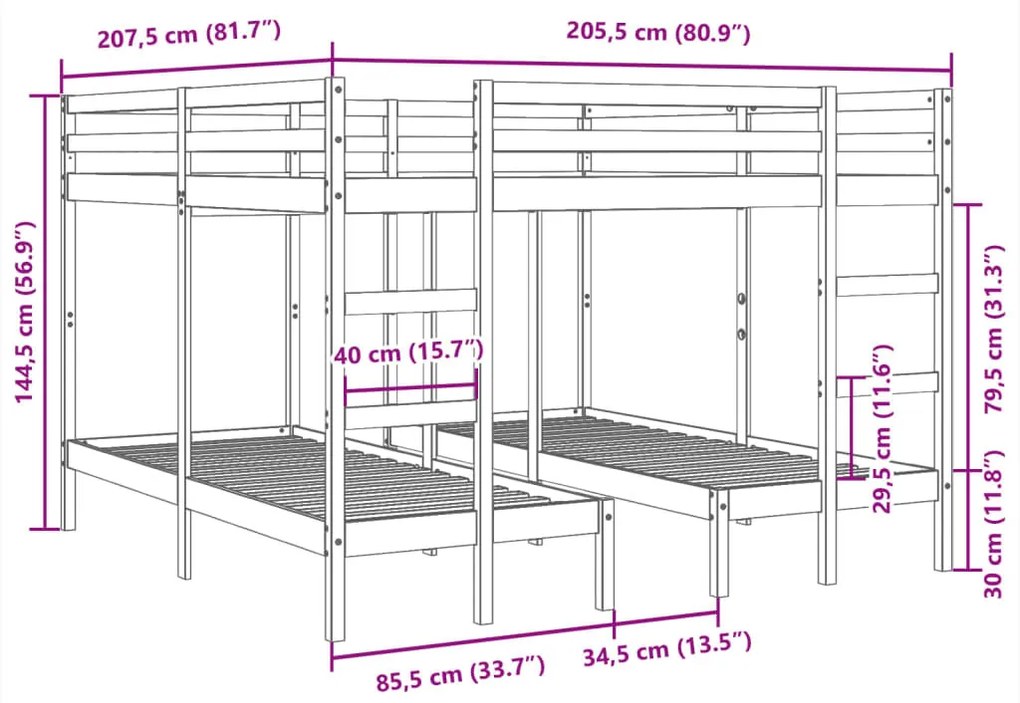 fehér tömör fenyőfa tripla emeletes ágykeret 200x200/80x200 cm