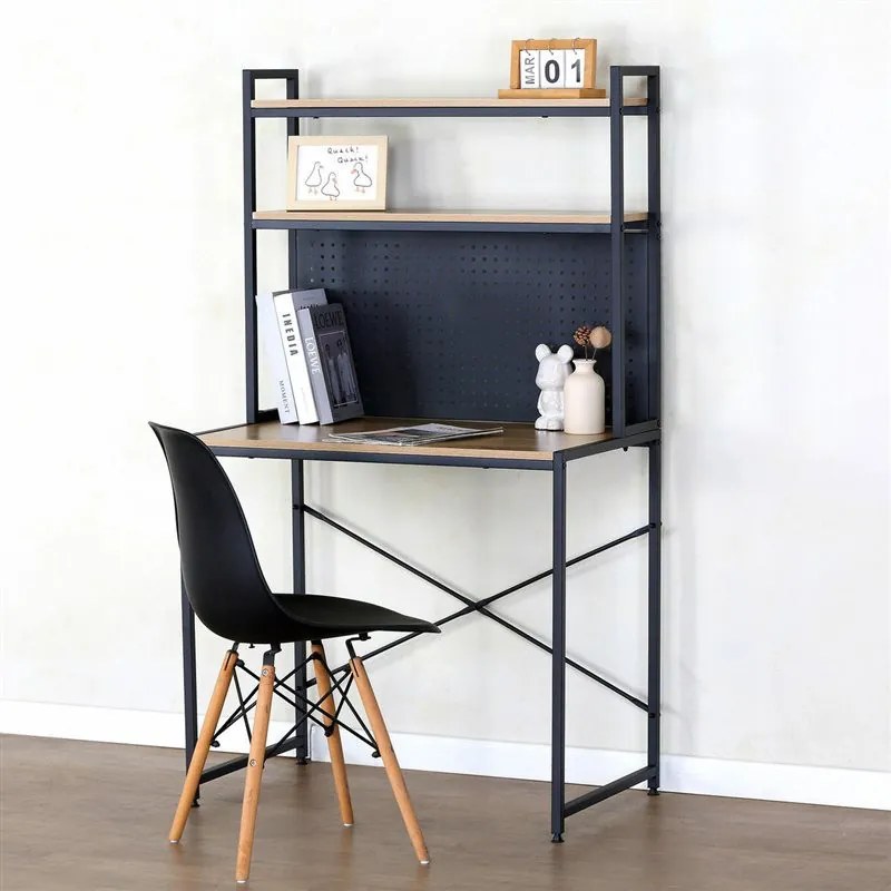 Polcos íróasztal / számítógépasztal mágnestáblával 84×50 cm, masszív fém vázzal, fekete–modern tölgy – Intenso Home