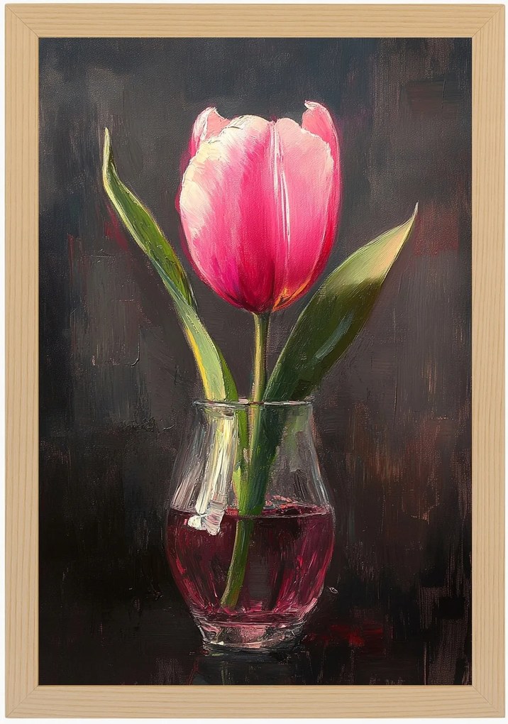 Poszter Keret Fa Olaj Dekoráció Természet Virág Rózsaszín Tulipán 40x60