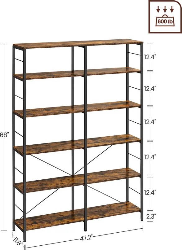 6 szintes könyvespolc, magas tárolópolc, 30 x 120 x 170 cm, barna és fekete