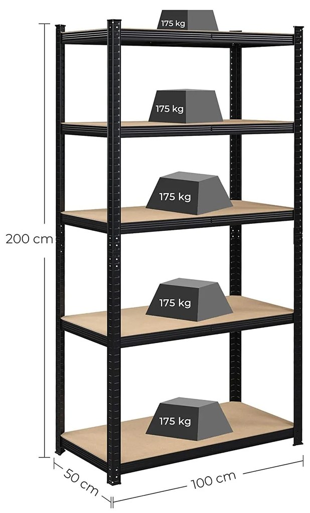 Nagy teherbírású salgó polc, Fém tároló polc 50x100x200 cm, fekete