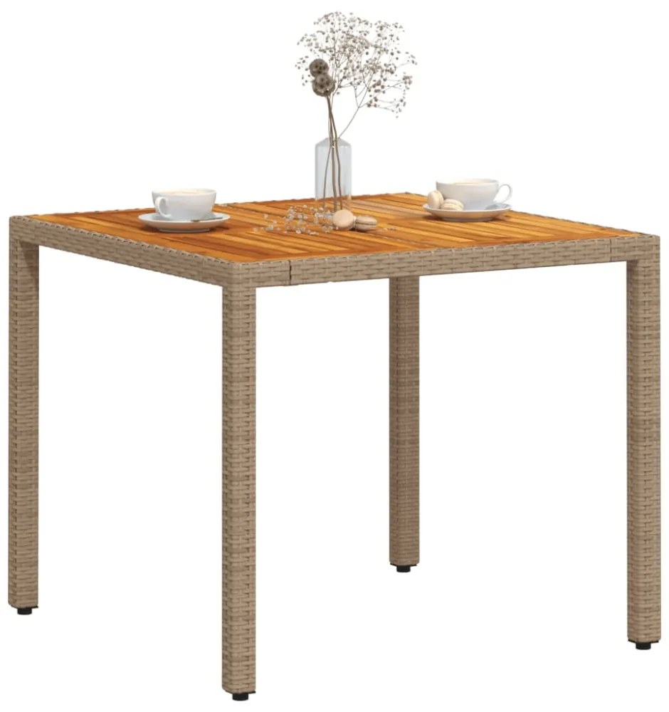 bézs polyrattan és akácfa kerti asztal 90 x 90 x 75 cm