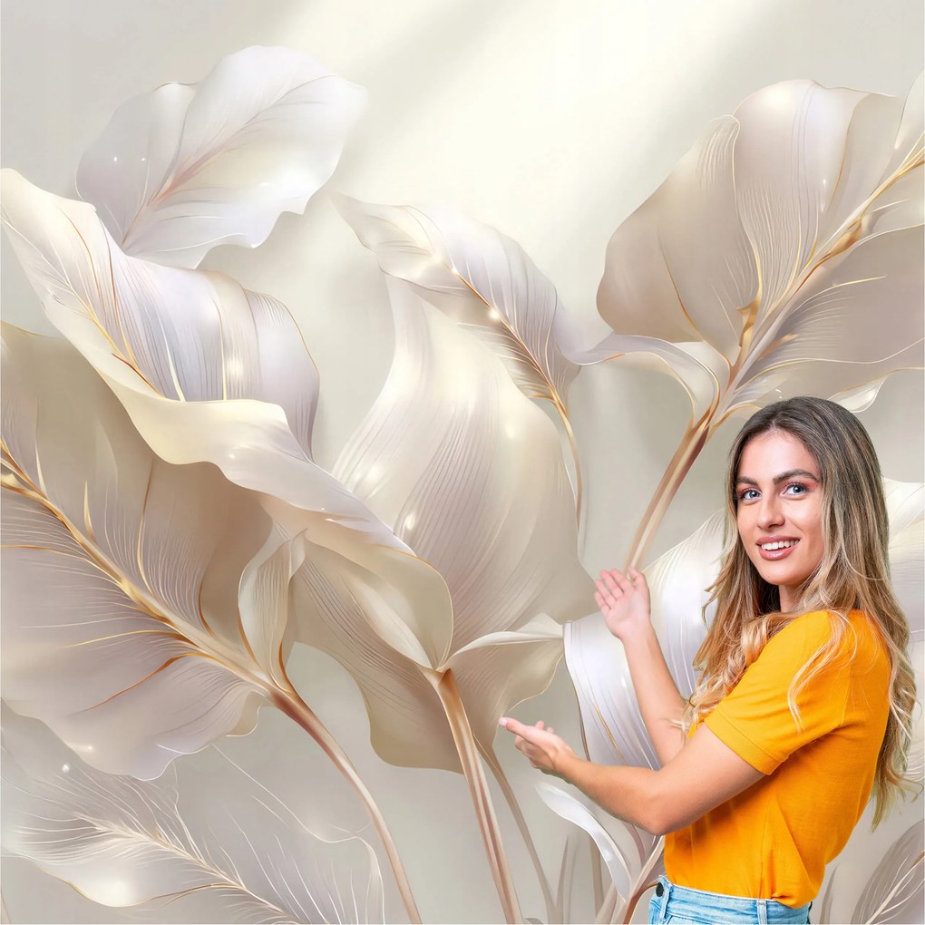 Fotótapéta Nappali Hálószoba Levelek Absztrakt Arany Bézs 196x260 LAZB05W