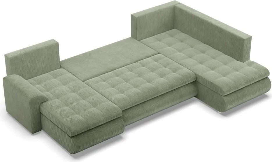 Tokio U sarokkanapé, 3 ágyneműtartóval, kordbársony, jobboldali, zöld