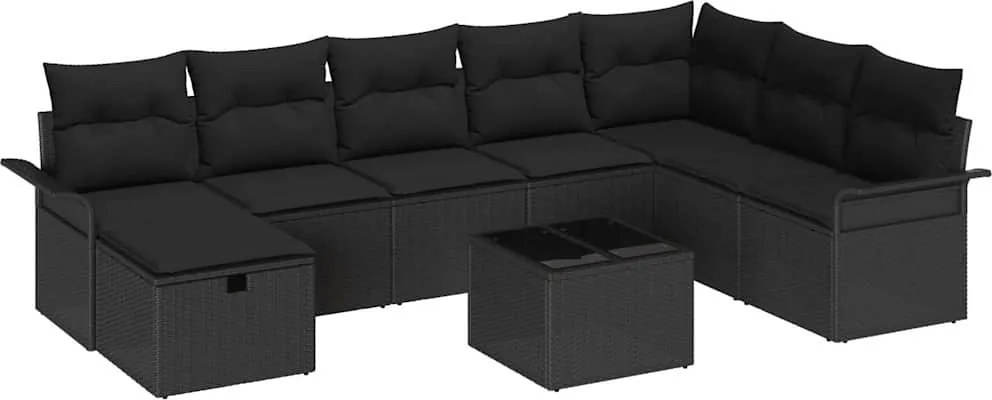 vidaXL Kerti Kanapé Szett párnával tárolóval 9 pcs Fekete Poli rattan