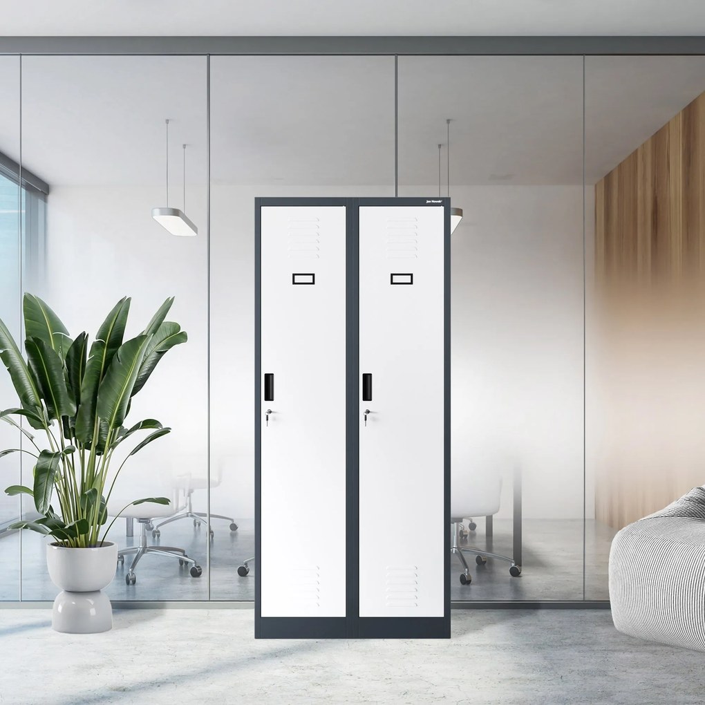 Pléh öltözőszekrény talpazaton, kétmodulos, polccal és köztes fallal KACPER, 800 x 1800 x 500 mm, antracit-fehér