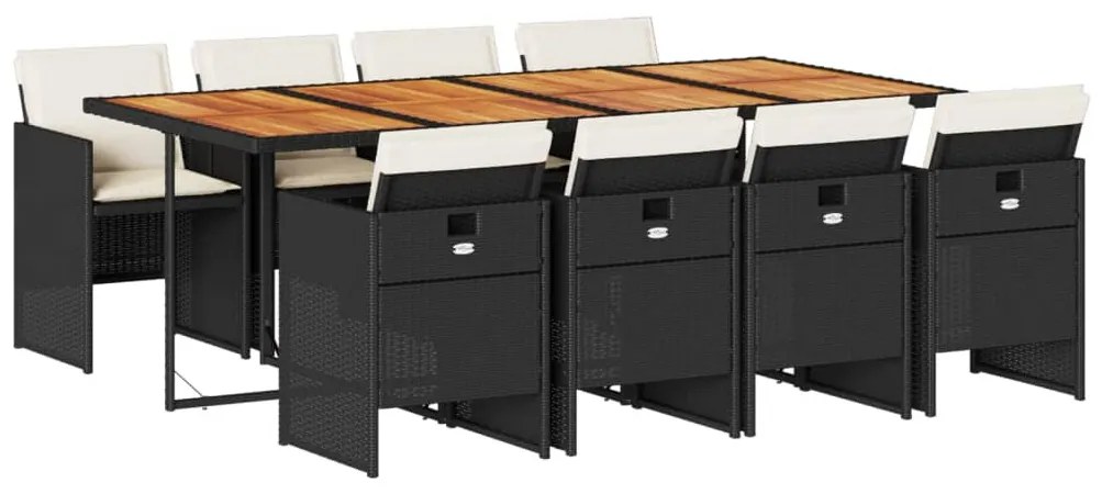 9 részes fekete polyrattan kerti étkezőgarnitúra párnákkal