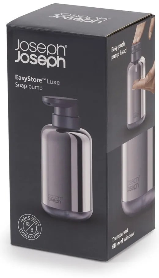 Fényes ezüstszínű rozsdamentes acél szappanadagoló 300 ml EasyStore Luxe – Joseph Joseph
