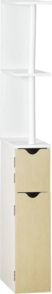 kleankin Fürdőszoba Oszlop 2 Polccal és 2 Szekrénnyel, Magas Fürdőszoba Szekrény Térkihasználó MDF-ből, 15.2x29.8x118cm, Természetes fa | Aosom