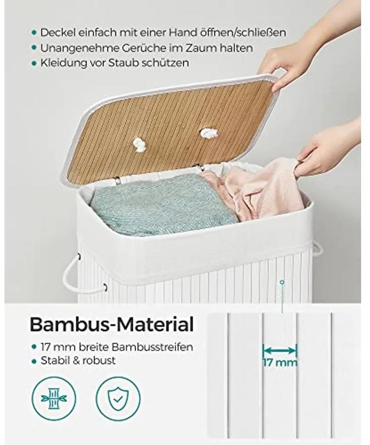 Bambusz szennyeskosár, 72L, összecsukható, téglalap alakú tárolókosár 3 fogantyúval, 40 × 30 × 60 cm, fehér
