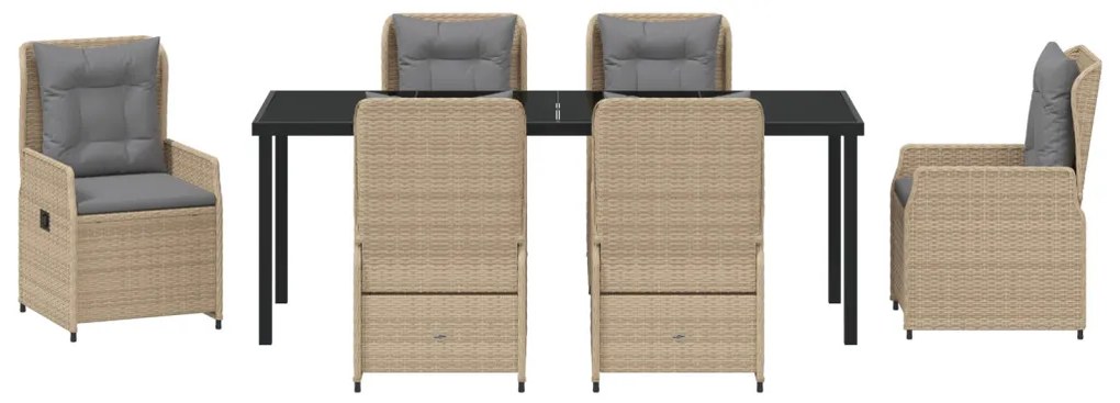 7 Darabos Kerti Étkezőszett Bézs Poli Rattan, Kerti Asztal Fekete 200x80x73 cm Edzett Üveg