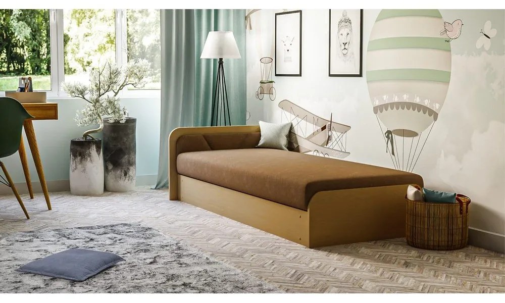 Okkersárga-barna kárpitozott-forgácslemez ágyneműtartós egyszemélyes ágy matraccal 80x190 cm Parys – ELTAP